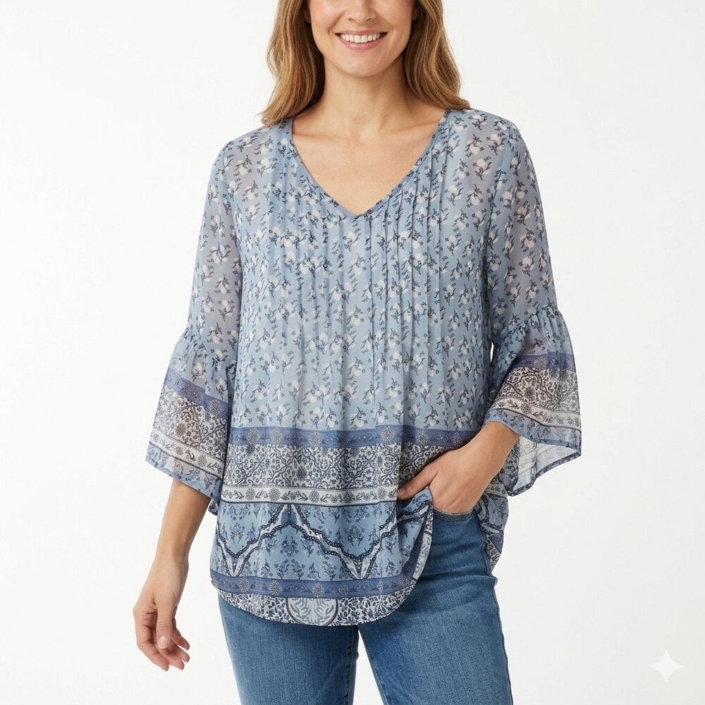 Style & Co Women's Peasant Top S Retro Scarf Print Pintuck Pleated Blue Sheer